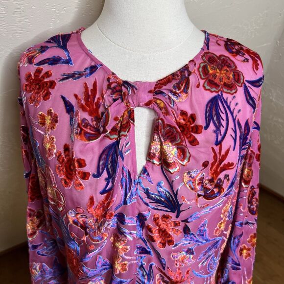 Hale Bob Top Medium Pink Floral Delyse Velvet Burnout Keyhole 3/4 Kimono Sleeves - Picture 4 of 11